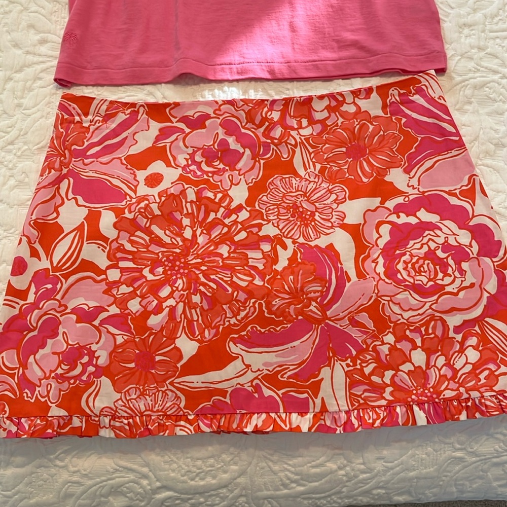 Lilly Pulitzer pink orange white ruffled skirt